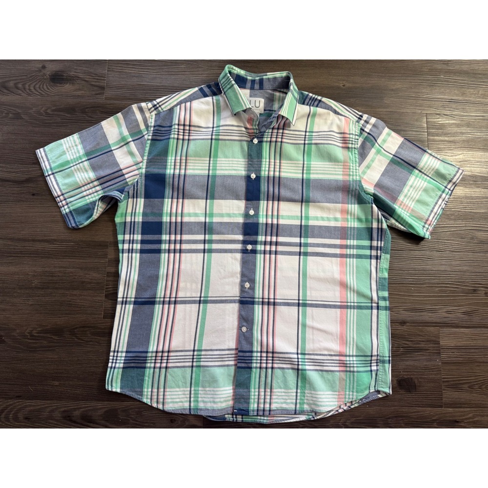 Linea Uomo Mens XXL Green Blue Plaid Short Sleeve Button Down Shirt Cotton Blend